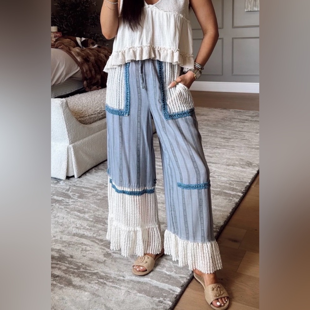NWT POL Clothing Boho Bohemian Striped Crochet Mesh Patchwork Wide Leg Pants - Picture 11 of 11